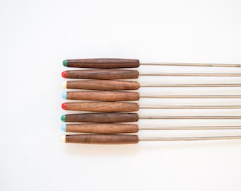 vintage mid century wooden fondue fork set, retro stainless steel and teak wood fondue fork skewers, 1970s, set of 8