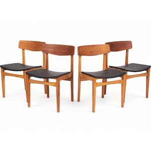 Mid Century Danish Teak Wood & Black Vinyl Dining Chairs