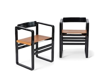 Mid Century Modern Black Lacquer and Brown Leather Arm Chairs 1970s