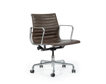 Eames Herman Miller Aluminum Group Thin Pad Brown Leather Office Chair, 2008