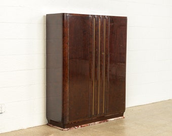 Antique Art Deco Burl Wood & Bronze Bar Cabinet with Marble Base, 1920s