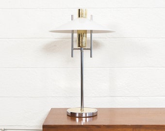 Vintage Mid Century White, Chrome and Brass Table Lamp or Desk Lamp, 1970s