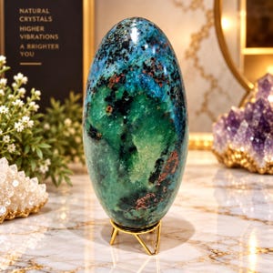 May include: A polished, egg-shaped mineral specimen featuring a vibrant blend of deep green, bright blue, and black inclusions with metallic copper-coloured flecks, displayed upright on a simple, thin, gold-toned metal tripod stand.