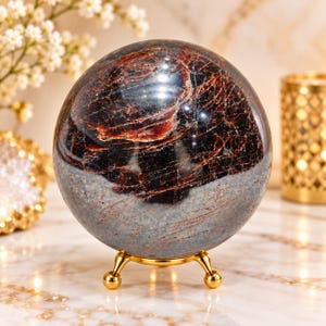 Può includere: Una pietra sferica lucida caratterizzata da una base grigio scuro con venature marmorizzate rosso intenso e nere su tutta la superficie. La sfera è sostenuta da un piccolo supporto in metallo dorato a tre gambe che la mantiene dritta.