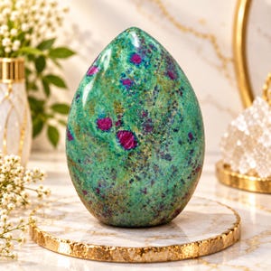 Pode incluir: Uma escultura de pedra polida em forma de ovo com uma matriz verde vibrante salpicada de inclusões magenta profundas e roxo escuro. A superfície é lisa e reflexiva, exibindo um padrão mineral natural com intensidade de cor variada.