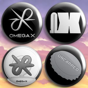 May include: Four circular pin-back badges. Two are black with white graphics: one features a stylised symbol with the text OMEGA X, the other shows the letters OX. One is white with a grey symbol and OMEGA X text. One is black with a grey bottle cap icon and the text UNCAPPED.
