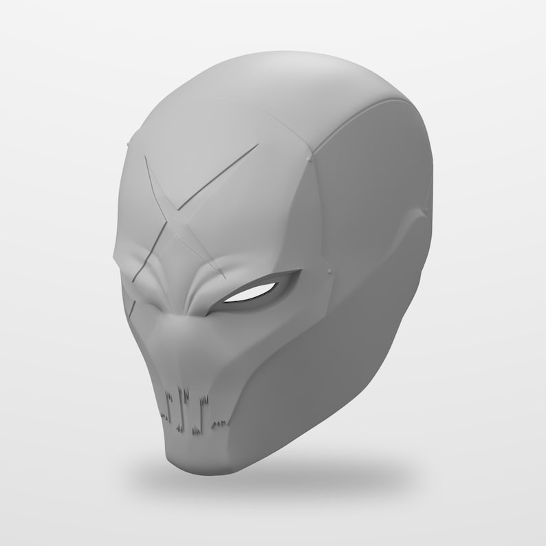 May include: A matte light gray full-head helmet featuring a smooth, contoured surface with a prominent X-shaped indentation across the forehead, narrow eye openings, and a stylized mouth area with vertical etched lines on the chin.