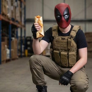 Casco de cosplay de Deadpool - Casco de disfraz premium con textura de cuero - Ojos blancos - Accesorio de superhéroe portátil - Máscara de Deadpool imagen 8