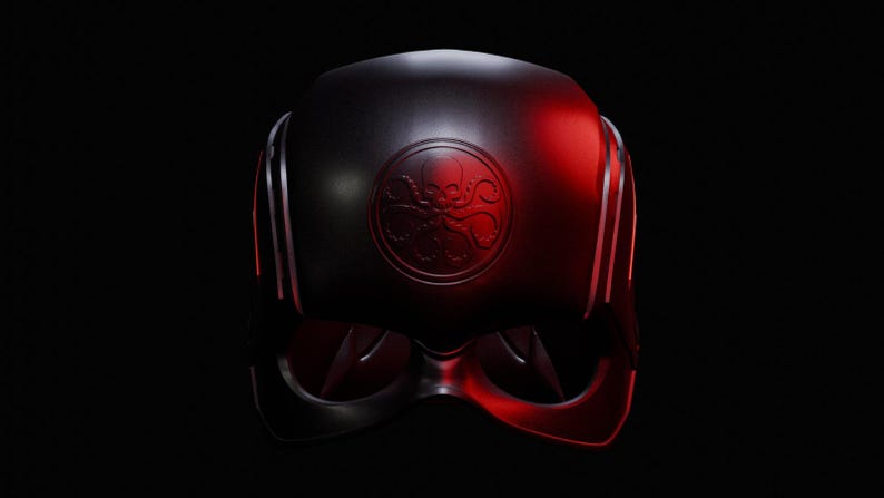 May include: A black helmet with a red glow and a stylised octopus logo on the front. The logo is a circle with a stylised octopus inside.