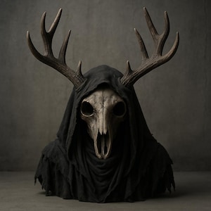 Peut inclure: Sculpture gothique représentant un crâne de cerf avec de grands bois, recouvert d'une cape à capuche noire. Le crâne est de couleur beige clair, contrastant avec le tissu sombre. L'ensemble évoque le mystère.