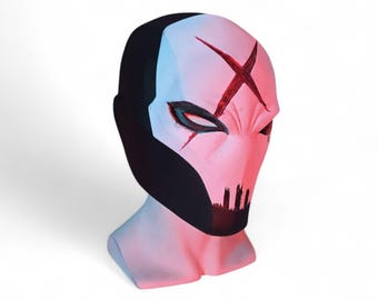 Red X printed mask finished with front hand painted cosplay and display accessory custom sizes detective comics villain red hood.