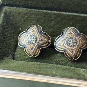 Genuine Vintage Black Enamel Clip On Earrings, Era: 1950s-1980s, Gold Tone, Geometric Design, box not included