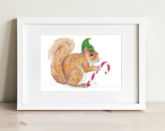 Cute Holiday Squirrel Elf - Gouache Art Print