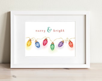 Christmas Lights, Merry & Bright - Watercolor Art Print