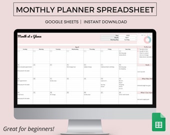 Monthly Planner Spreadsheet, Google Sheets, Google Sheets To-Do List, Monthly Calendar, Task Planner Spreadsheet, Monthly Goals, Editable