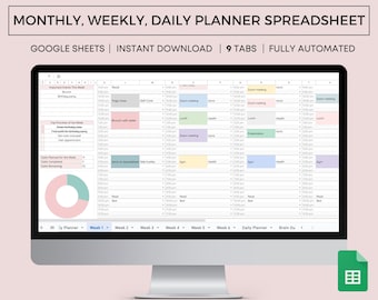 Ultimate Digital Planner Spreadsheet, Google Sheets, To-Do List, Monthly Planner, Weekly Planner, Daily Planner, Brain Dump, Editable