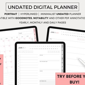 Undated Digital Planner, Portrait Style, Digital Planner, Monthly Planner, Weekly Planner, Daily Planner, Goodnotes, Notability