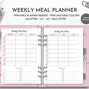 Weekly Meal Planner Printable, Meal Planner, Grocery Shopping List, Planner Inserts, US Letter, Half Letter, A4, A5, PDF