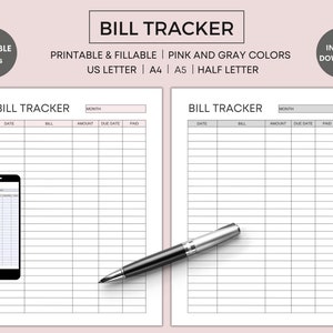 Bill Tracker Printable, Monthly Bill Tracker, Editable and Fillable PDF, Debt Tracker, US Letter, Half Letter, A4, A5