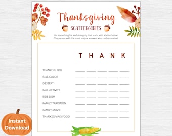 Thanksgiving Scattergories afdrukbaar, Scattergories spel, Thanksgiving afdrukbaar spel, Thanksgiving spel, Thanksgiving Party Game, PDF
