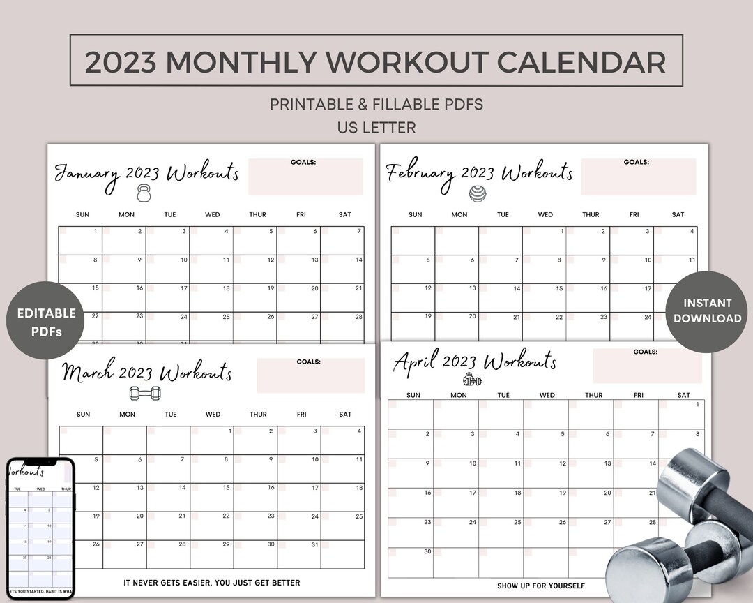 2023 Printable Monthly Workout Calendar Dated Fitness - Etsy