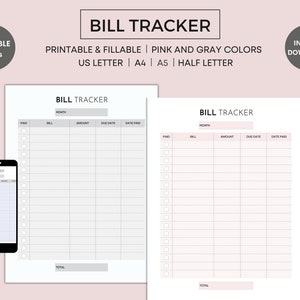 Monthly Bill Tracker Printable, Editable and Fillable PDF, Bill Checklist, Bill Payment Tracker, US Letter, Half Letter, A4, A5