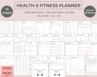 May include: A printable health and fitness planner with 32 pages. The planner includes pages for tracking fitness goals, workouts, weight, food, sleep, and more. The planner is available in pink and gray colors and comes in US Letter, A4, and A5 sizes.