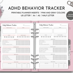 ADHD Behavior Tracker Printable, Daily Behavior Tracker, ADHD Symptom Tracker, Planner Inserts, US Letter, Half Letter, A4, A5, Pdf