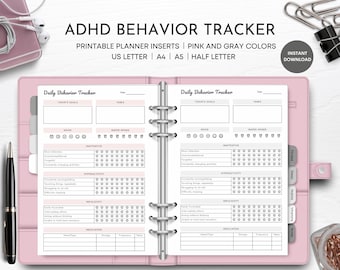 ADHD 行動トラッカー 印刷可能、日常行動トラッカー、ADHD 症状トラッカー、プランナー挿入物、US レター、ハーフレター、A4、A5、PDF