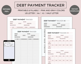 Debt Payment Tracker Printable, Debt Payoff Tracker, Editable and Fillable PDF, Bill Tracker