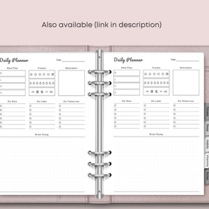 May include: A light pink planner with a daily planner insert. The insert has sections for meal planning, tracking, and motivation. It also includes sections for tasks to do now, later, and tomorrow, plus a brain dump area. The text "Also available (link in description)" is visible.
