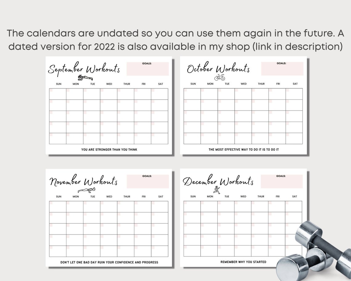 Printable Monthly Workout Calendar, Undated, Fitness Tracker, Workout Schedule, Fitness Log ...