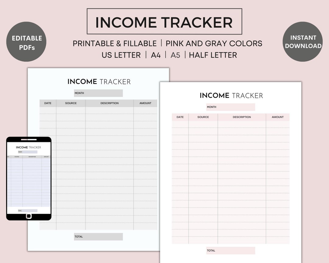 Monthly Income Tracker Printable, Editable and Fillable PDF, US Letter ...