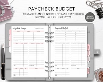Utskrivbar lönecheckbudget, budgetspårare, budget per lönecheck, budgetplanerare, planeringsinlägg, US Letter, Halvt Letter, A5, A4, PDF