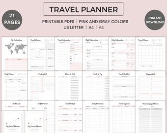 Planificador de viaje imprimible, planificador de viaje, planificador de vacaciones, lista de deseos, lista de empaque, presupuesto de viaje, gastos de viaje, carta de EE. UU., A4, A5, PDF