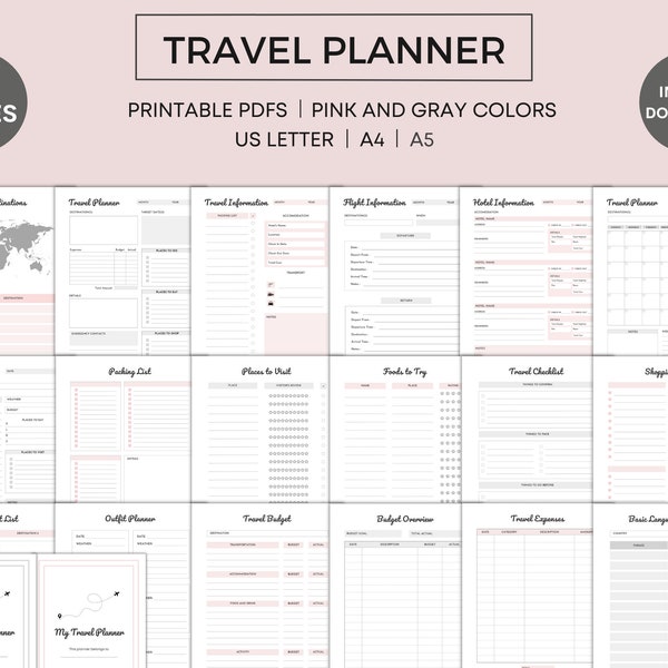 Travel Planner Printable, Trip Planner, Vacation Planner, Bucket List, Packing List, Travel Budget, Travel Expenses, US Letter, A4, A5, PDF