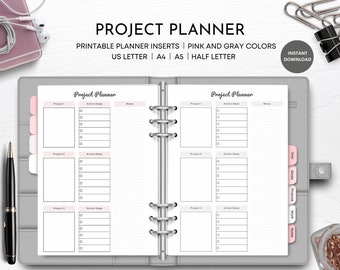 Projektplaner Druckbar, Projekt-Management, Planereinlagen, US Letter, Halbbrief, A4, A5, Pdf