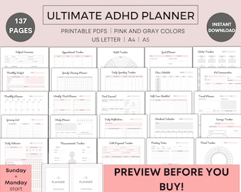 Ultimate ADHD Planner Printable, ADHD Adult Planner, ADHD Planner for Students, Productivity Planner, 2023, 2024, Student Planner, pdf