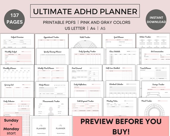 Ultimate ADHD Planner Printable, ADHD Adult Planner, ADHD Planner for Students, Productivity Planner, 2023, 2024, Student Planner, pdf
