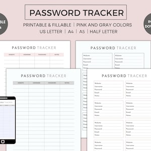 Password Tracker Printable, Password Log, Password Keeper, Password Organizer, Editable and Fillable PDF, US Letter, Half Letter, A4, A5
