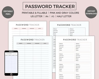 Password Tracker Printable, Password Log, Password Keeper, Password Organizer, Editable and Fillable PDF, US Letter, Half Letter, A4, A5