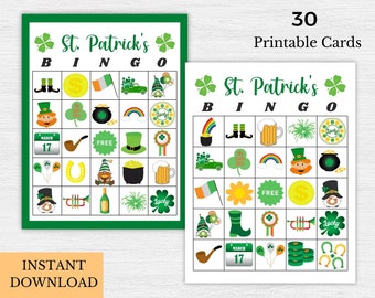 St. Patrick's Bingo Cards Printable, St. Patty's Games, St. Patrick's Games for Kids, For Families, For Classroom, For Coworkers, 30 Cards