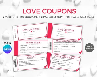 Love Coupons Printable, Valentines Day Coupons, Valentine’s Day Gift, Anniversary Gift, Coupon Book, Gift for Him, Gift for Her, Editable