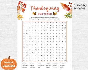 Thanksgiving Word Search Printable, Word Search, Word Find, Thanksgiving Printable Game, Thanksgiving Game, Thanksgiving Party Game, PDF