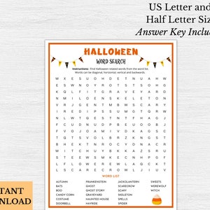 May include: A printable Halloween word search puzzle with a list of Halloween-themed words. The puzzle is designed for US Letter and Half Letter sizes. The word search includes words like "Frankenstein", "Ghost Story", "Haunted House", "Witch", and "Werewolf".