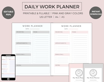 Daily Work Planner Printable, Minimalist Work Planner, Productivity Planner, Fillable PDF, Work Day Organizer US Letter, A4, A5