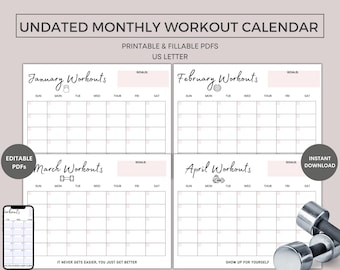 Calendario de entrenamiento mensual imprimible, sin fecha, rastreador de actividad física, programa de entrenamiento, registro de actividad física, PDF rellenable, calendario digital