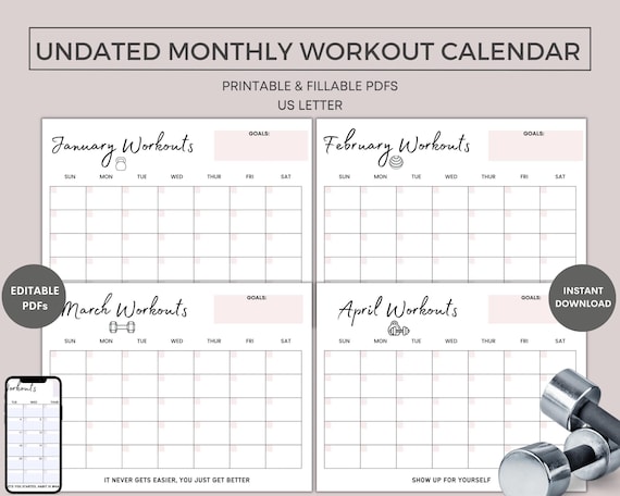 Printable Monthly Workout Calendar, Undated, Fitness Tracker, Workout  Schedule, Fitness Log, Fillable PDF, Digital Calendar - Etsy