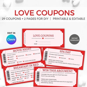 Love Coupons Printable, Valentines Day Coupons, Valentine’s Day Gift, Anniversary Gift, Coupon Book, Gift for Him, Gift for Her, Editable
