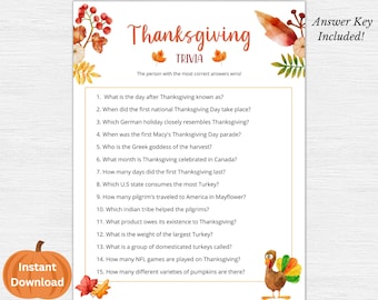 May include: A printable Thanksgiving trivia game with a festive autumn leaf design. The game includes 15 questions about Thanksgiving traditions, history, and food. The answer key is included.